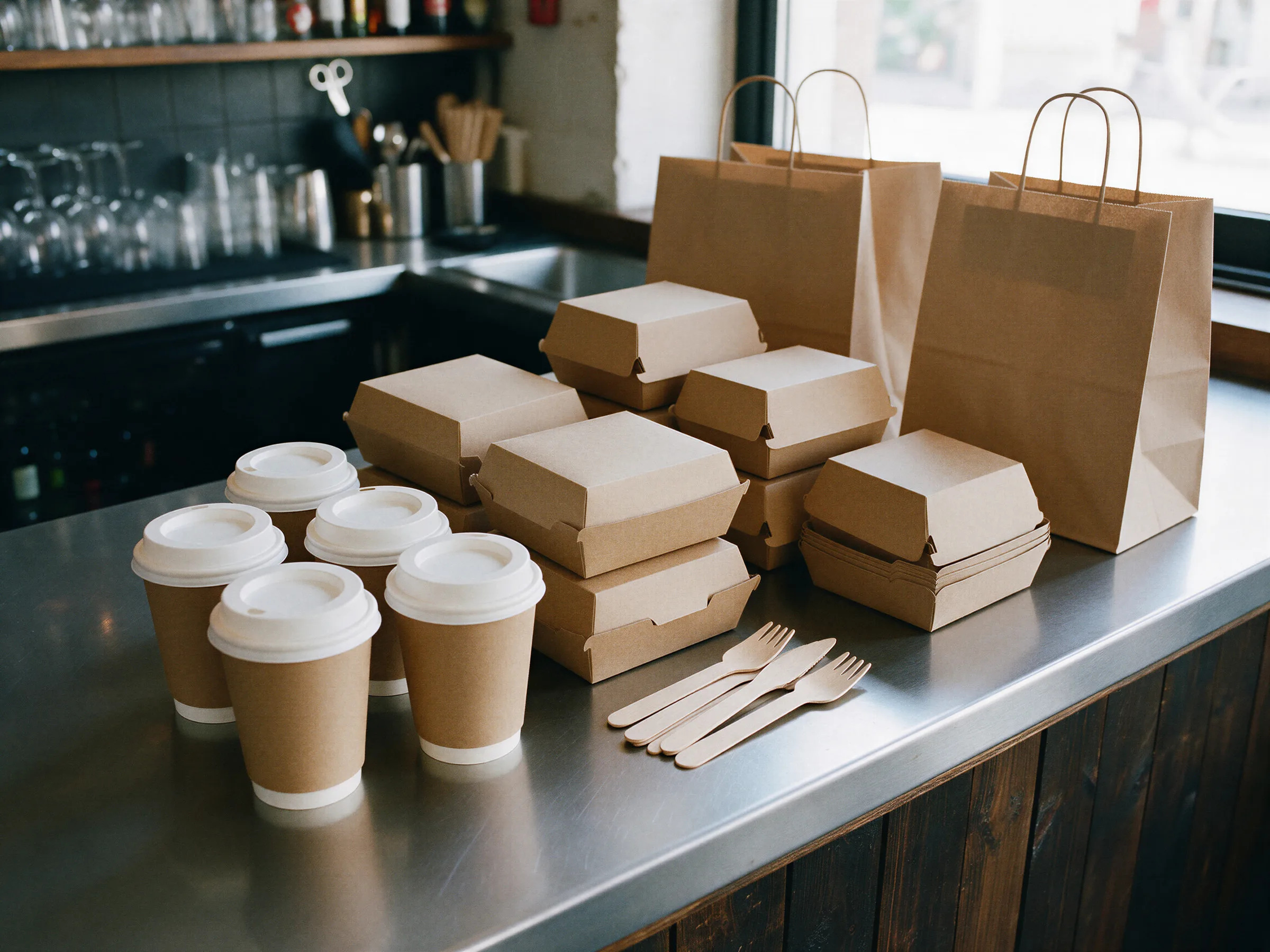 Vasos de café de cartón, cajas de comida y bolsas de papel sobre una barra de acero