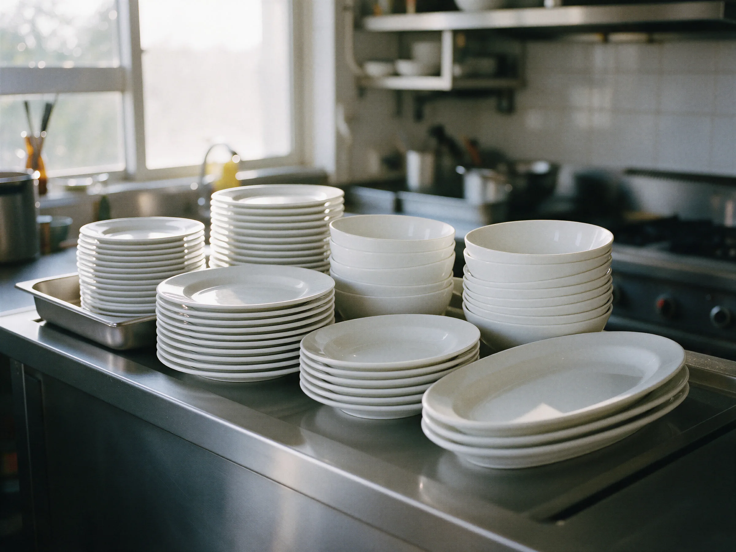 Platos, cuencos y fuentes de porcelana blanca apilados en el pase de una cocina