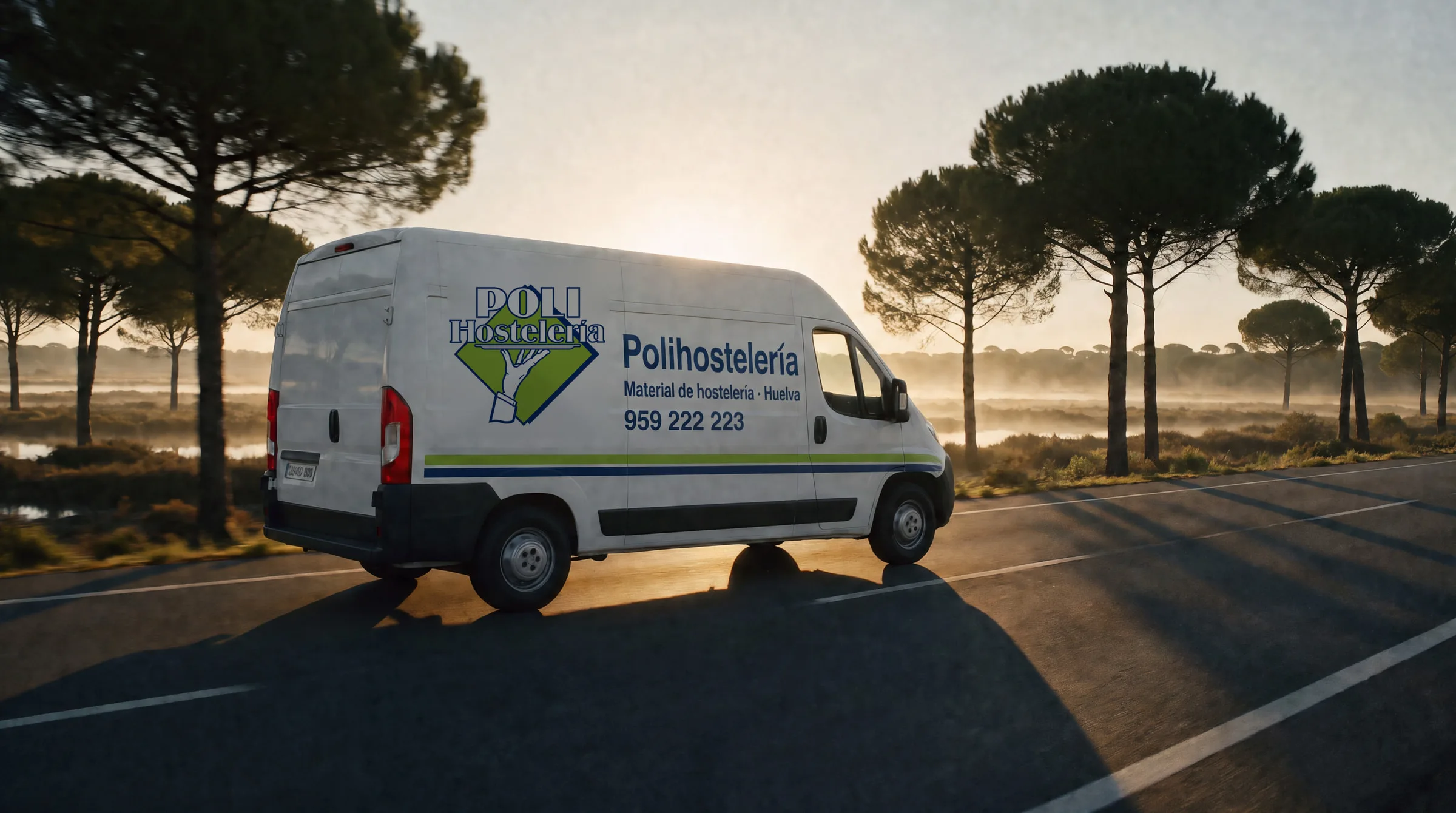 Furgoneta de reparto de Polihostelería por una carretera entre pinos y marismas al amanecer