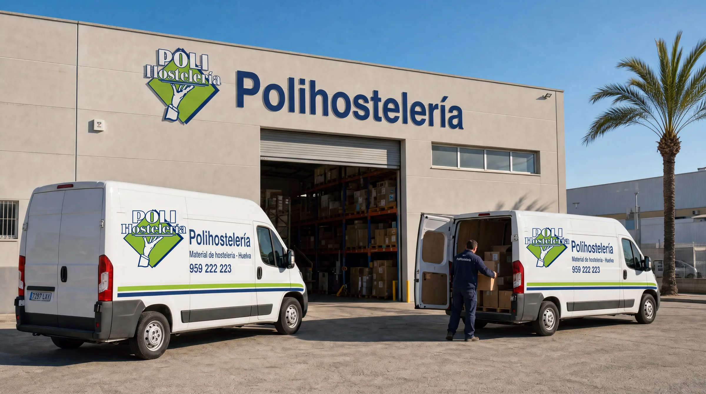 Fachada de la nave de Polihostelería con el rótulo y las furgonetas
