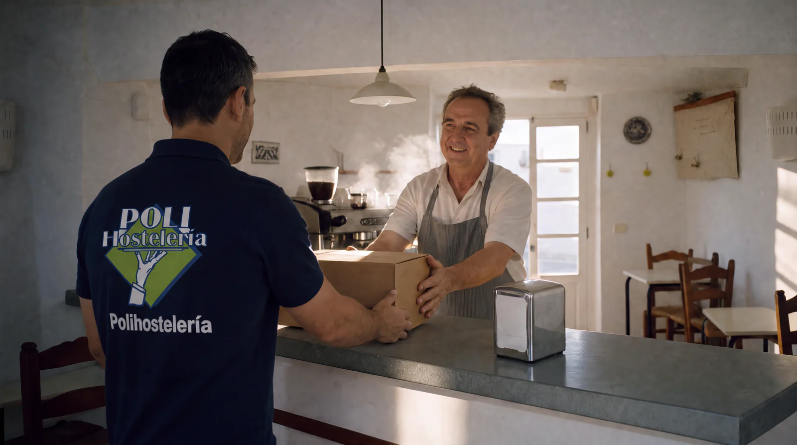 Un repartidor de Polihostelería entrega una caja al dueño del bar, que la recoge sonriendo detrás de la barra